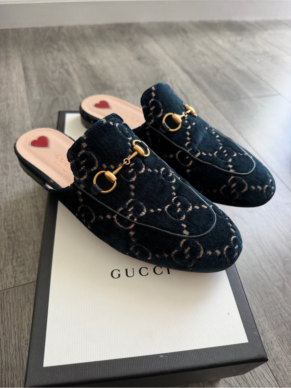 Gucci Princetown GG Velvet Horsebit Mules – Dark Navy Blue & Gold